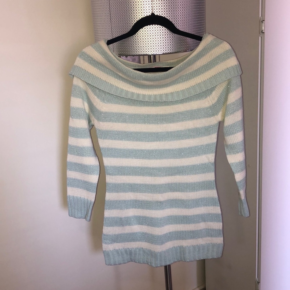 Light blue/white striped tunic length knit sweater